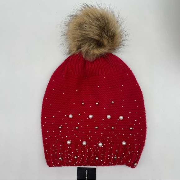 INC Shine Like the Night Red Pearl Embellishments beanie hat with Pom pom NEW - Picture 5 of 6
